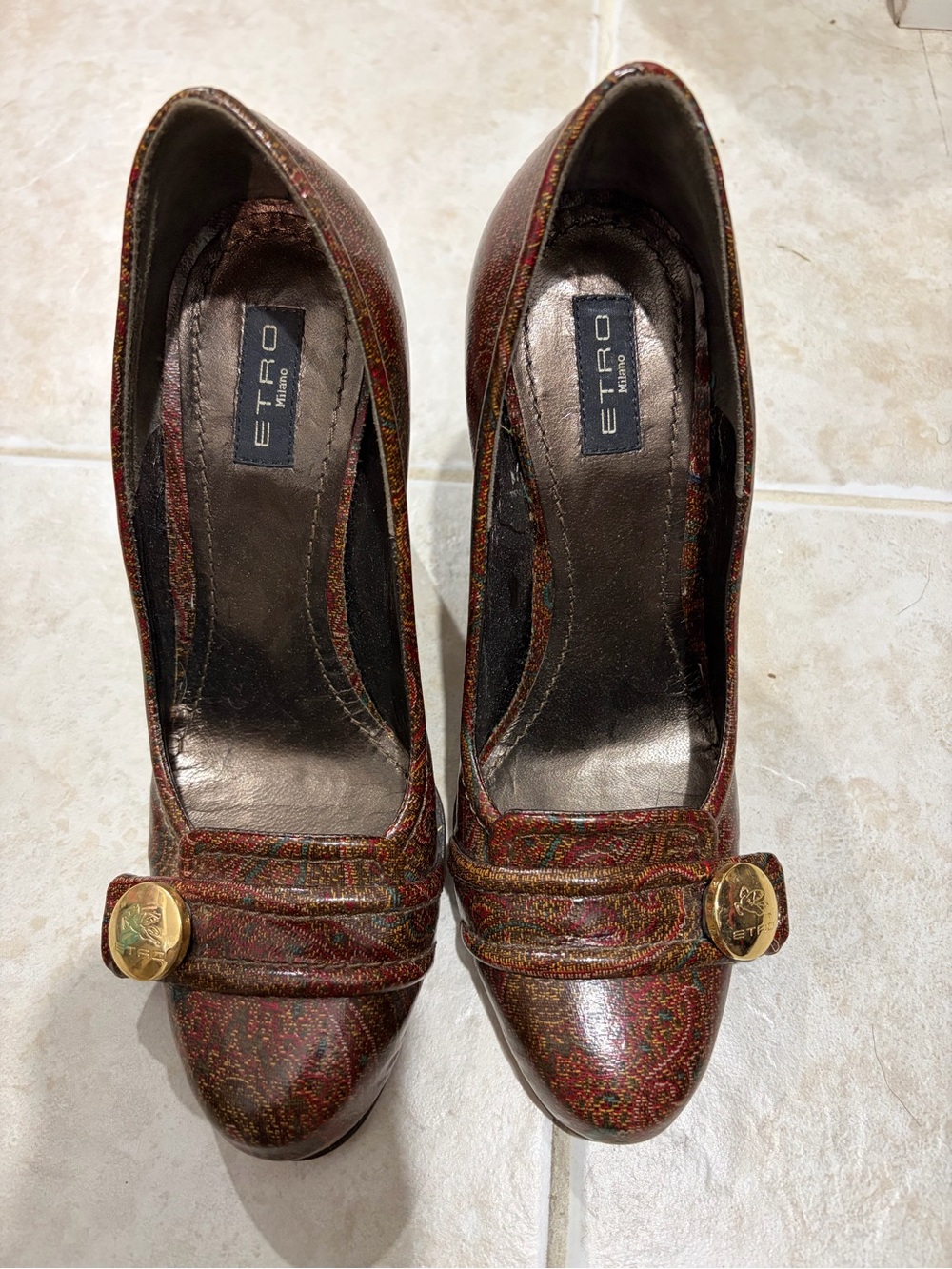 Etro Multicolor Paisley Leather Pointed-Toe Pumps with Gold Button